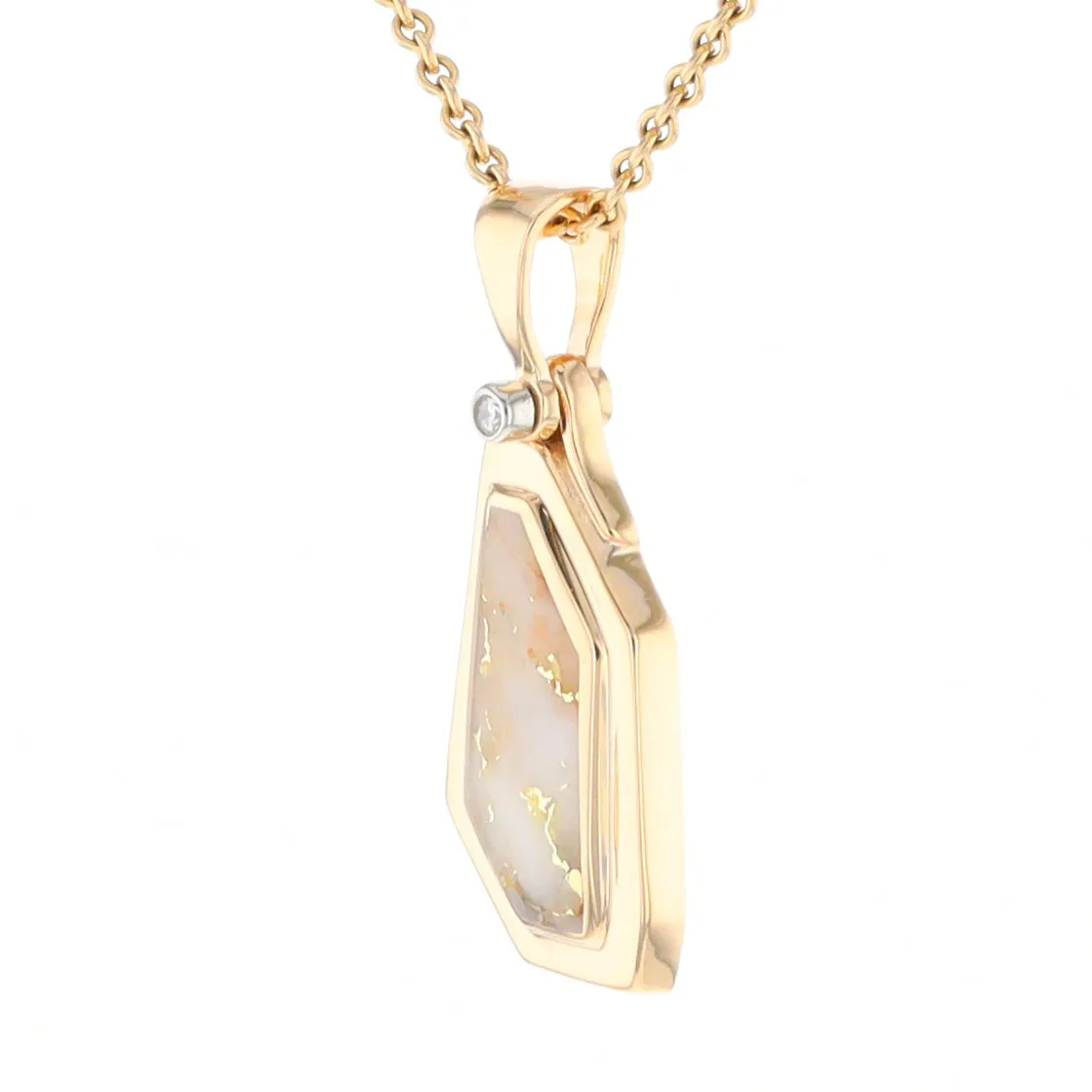 Gold Quartz Necklace .02ct Diamond Geometric Inlaid Design Pendant