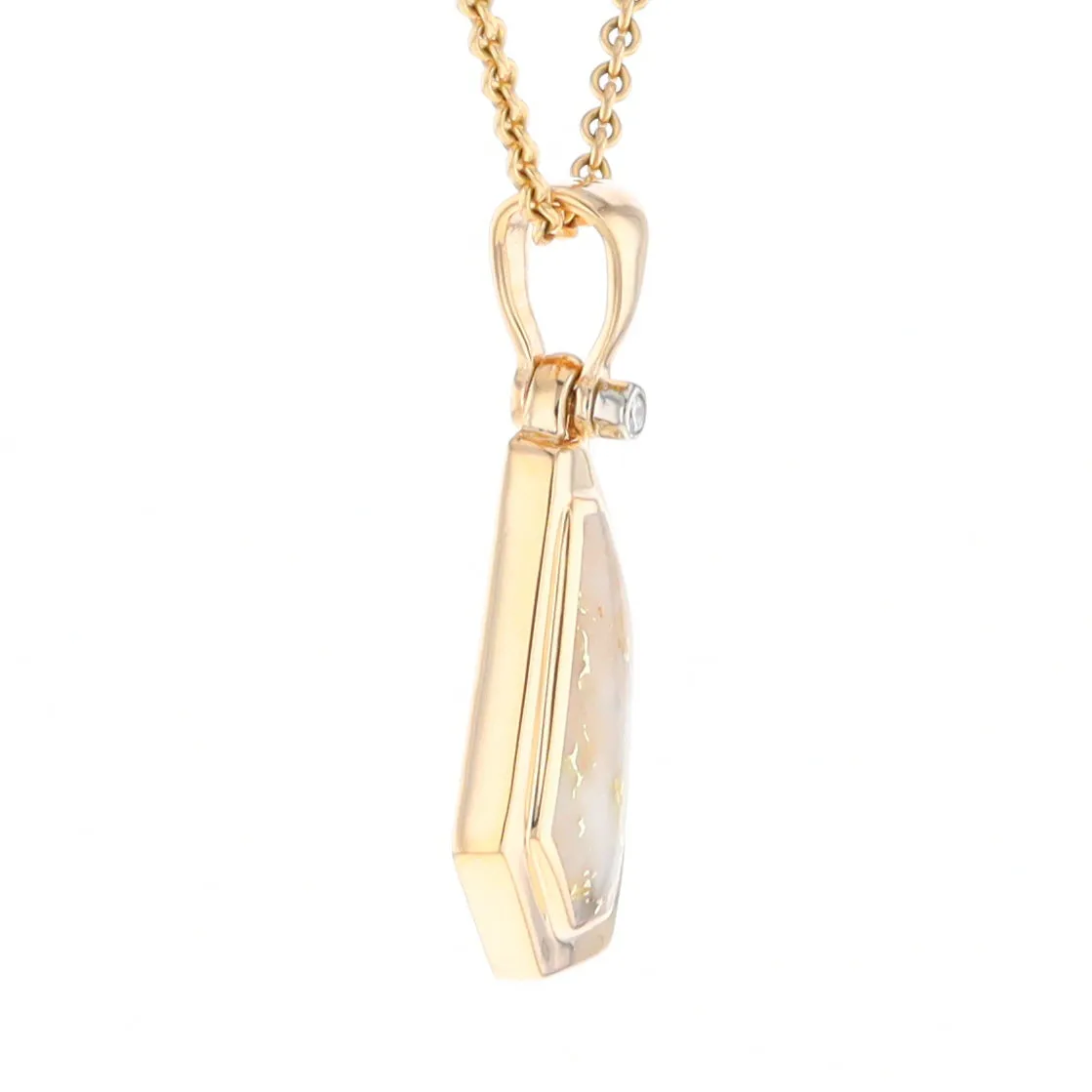 Gold Quartz Necklace .02ct Diamond Geometric Inlaid Design Pendant