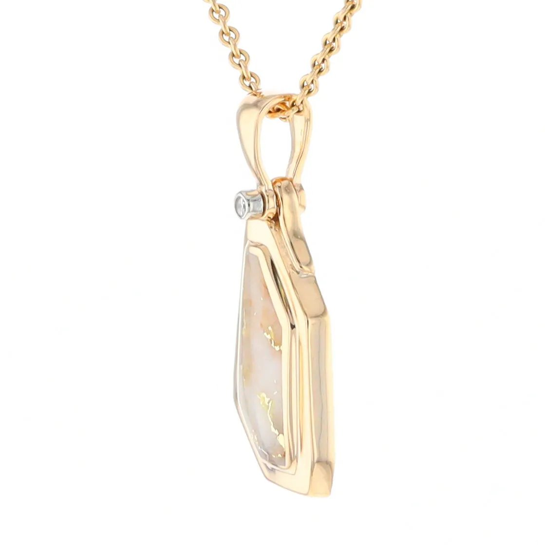 Gold Quartz Necklace .02ct Diamond Geometric Inlaid Design Pendant