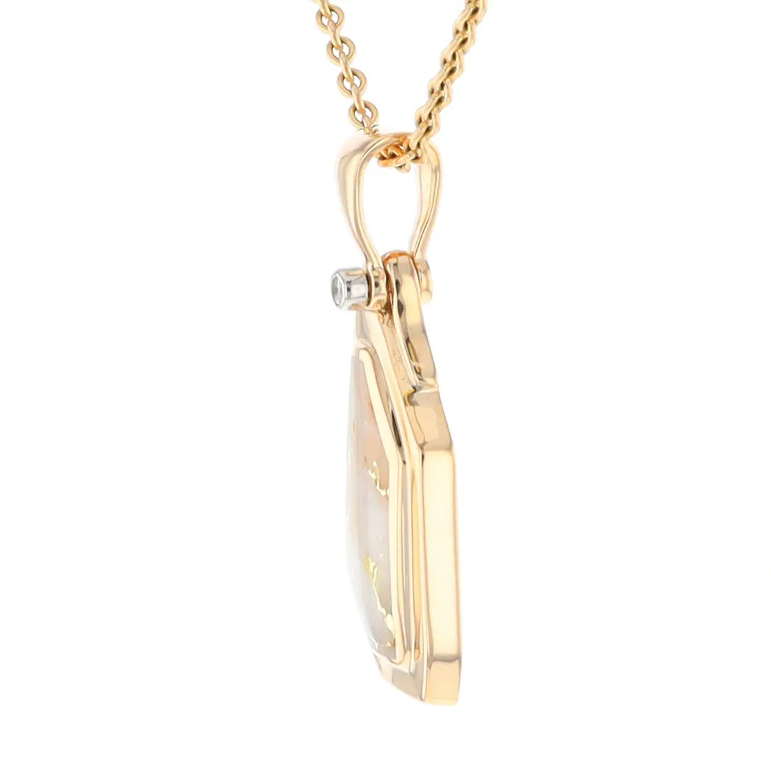 Gold Quartz Necklace .02ct Diamond Geometric Inlaid Design Pendant