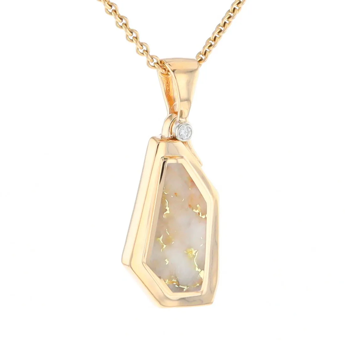 Gold Quartz Necklace .02ct Diamond Geometric Inlaid Design Pendant