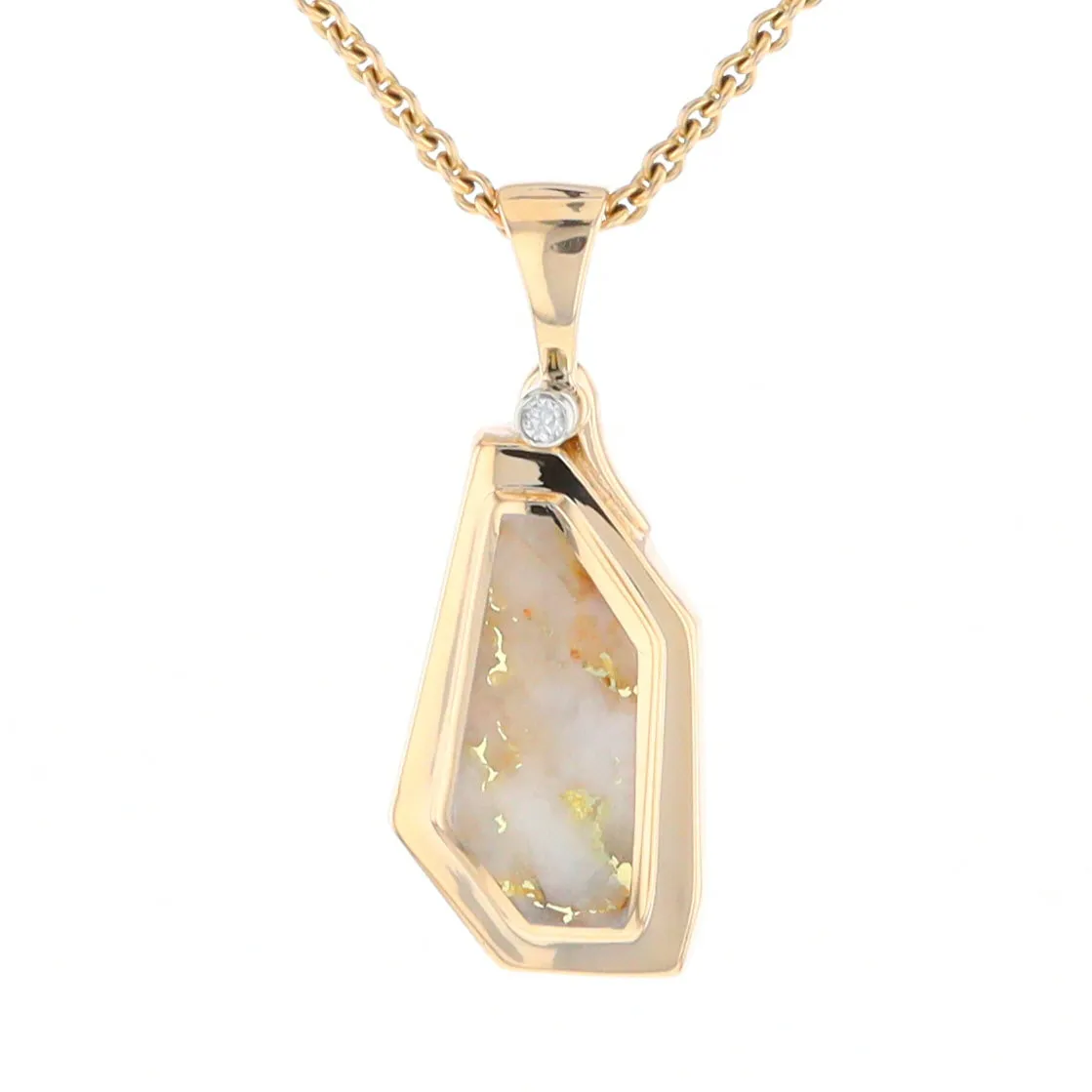 Gold Quartz Necklace .02ct Diamond Geometric Inlaid Design Pendant