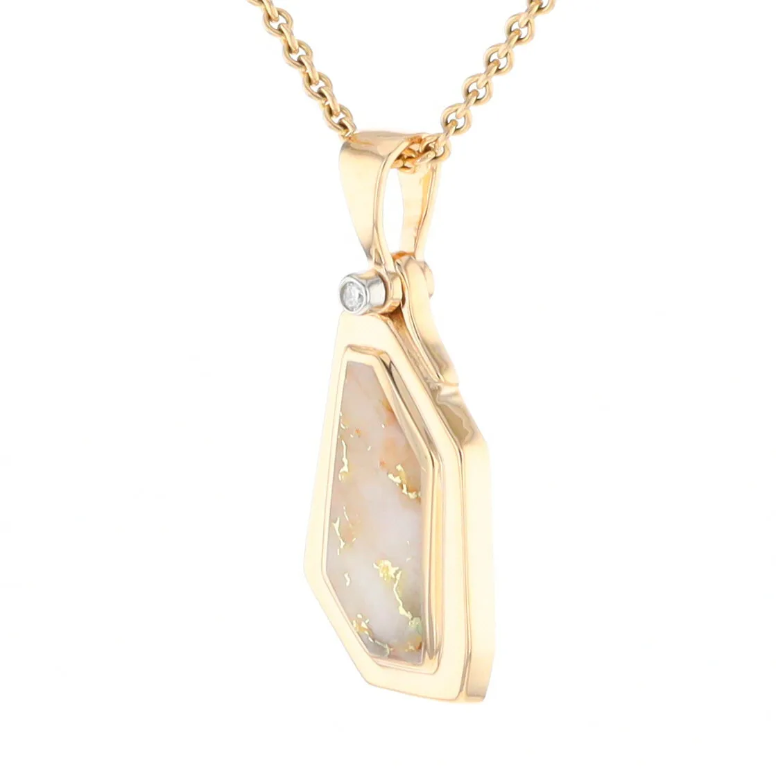 Gold Quartz Necklace .02ct Diamond Geometric Inlaid Design Pendant