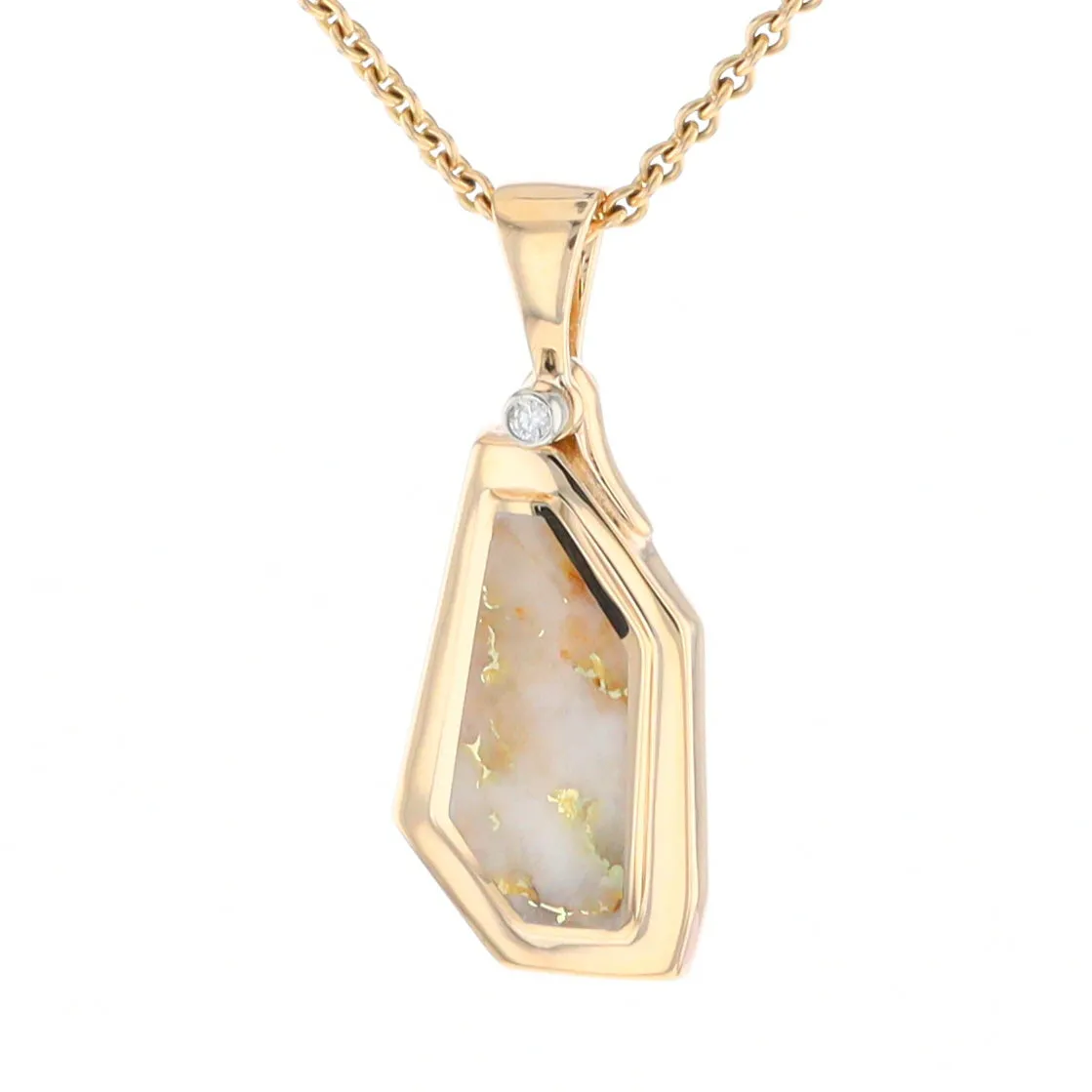 Gold Quartz Necklace .02ct Diamond Geometric Inlaid Design Pendant