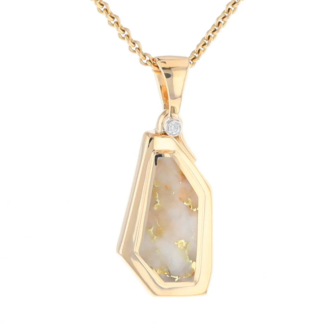 Gold Quartz Necklace .02ct Diamond Geometric Inlaid Design Pendant