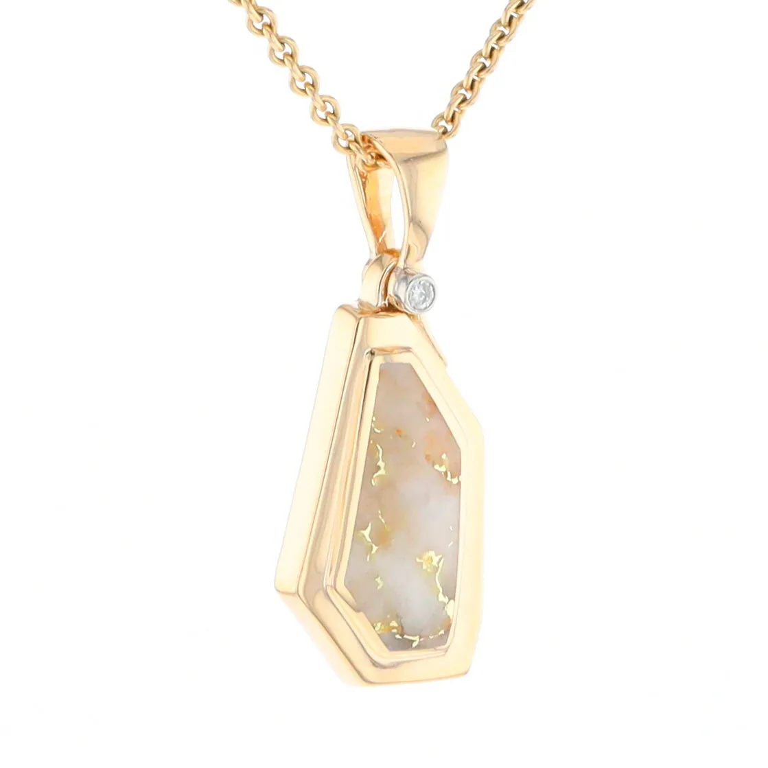 Gold Quartz Necklace .02ct Diamond Geometric Inlaid Design Pendant