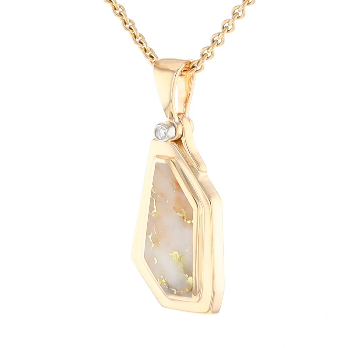 Gold Quartz Necklace .02ct Diamond Geometric Inlaid Design Pendant