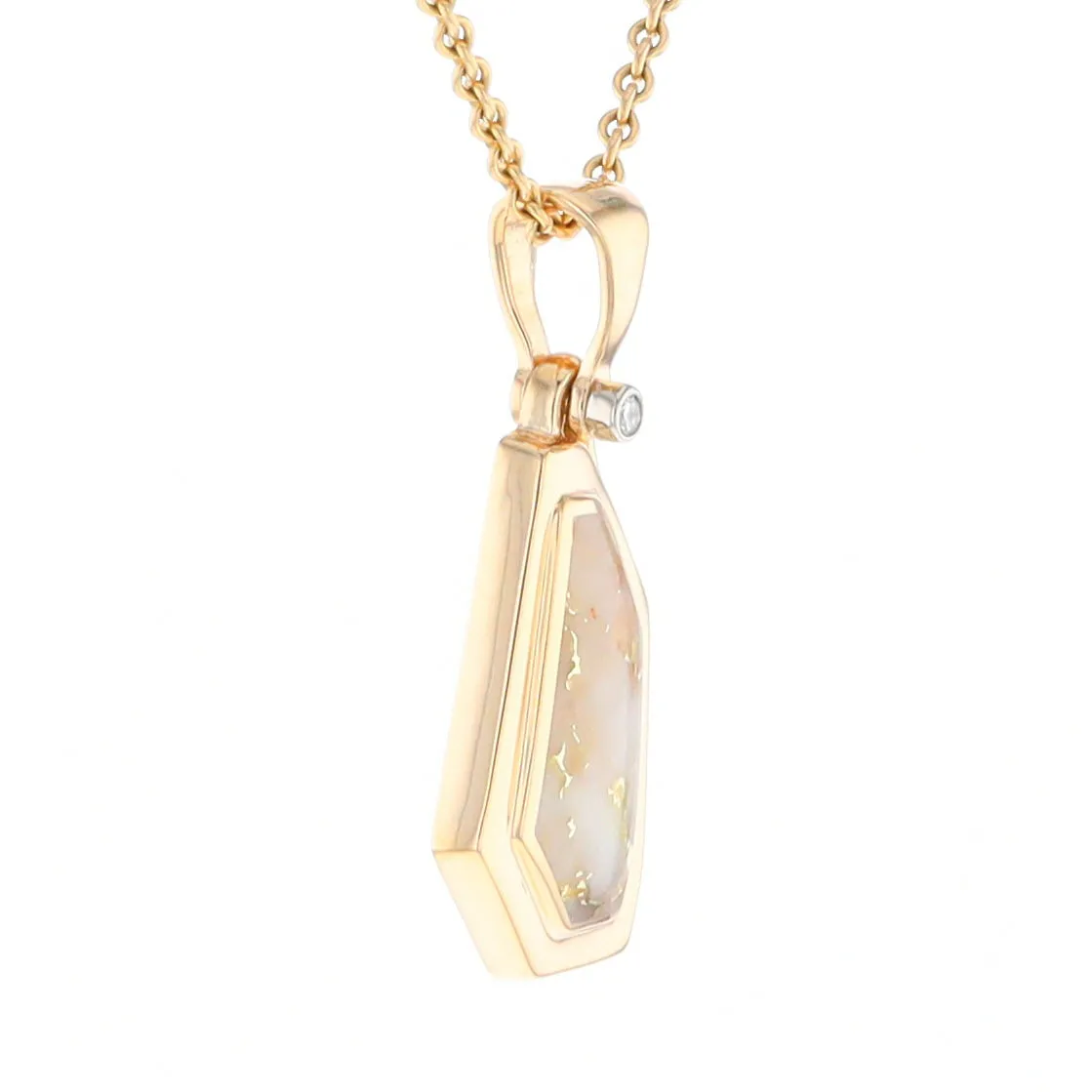 Gold Quartz Necklace .02ct Diamond Geometric Inlaid Design Pendant