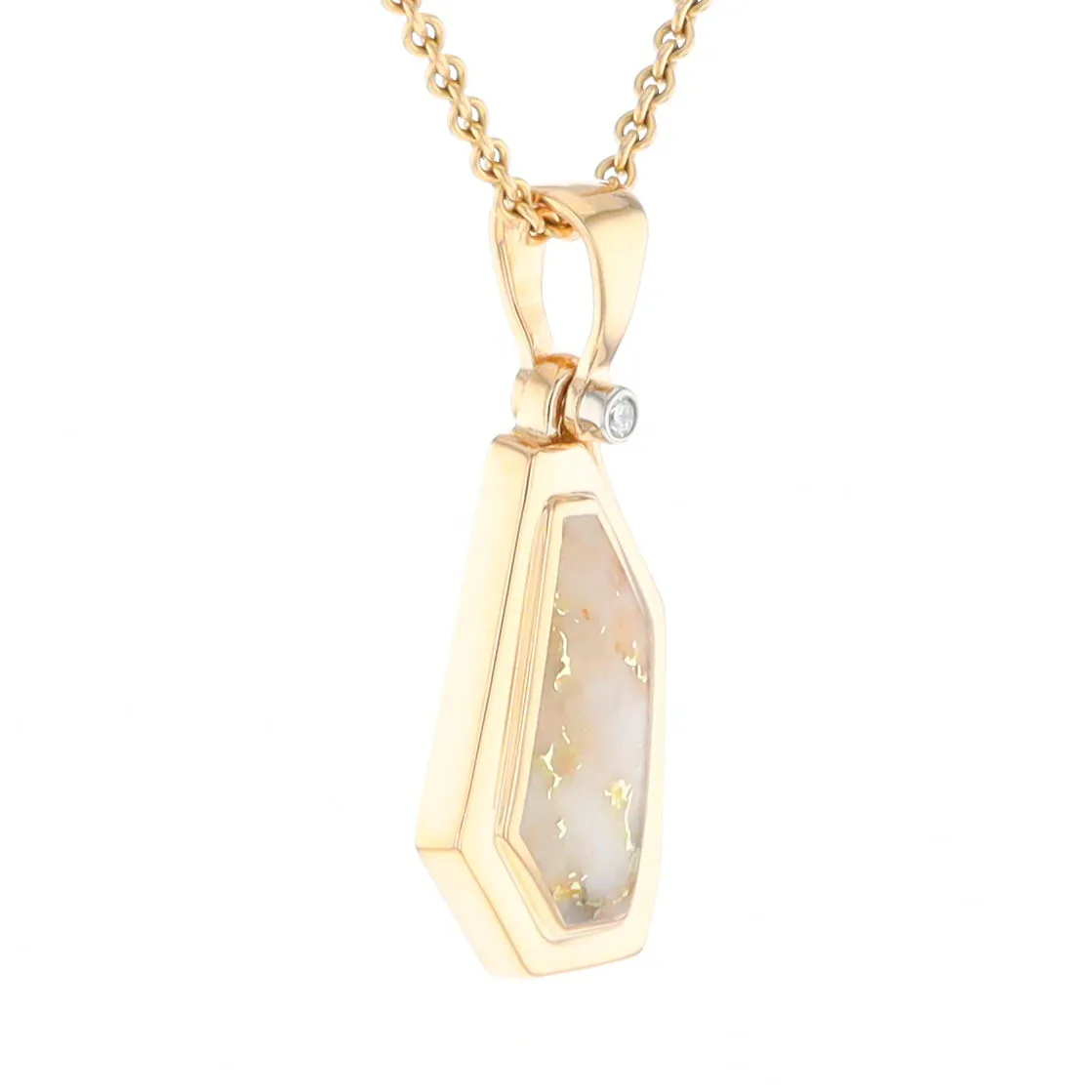 Gold Quartz Necklace .02ct Diamond Geometric Inlaid Design Pendant