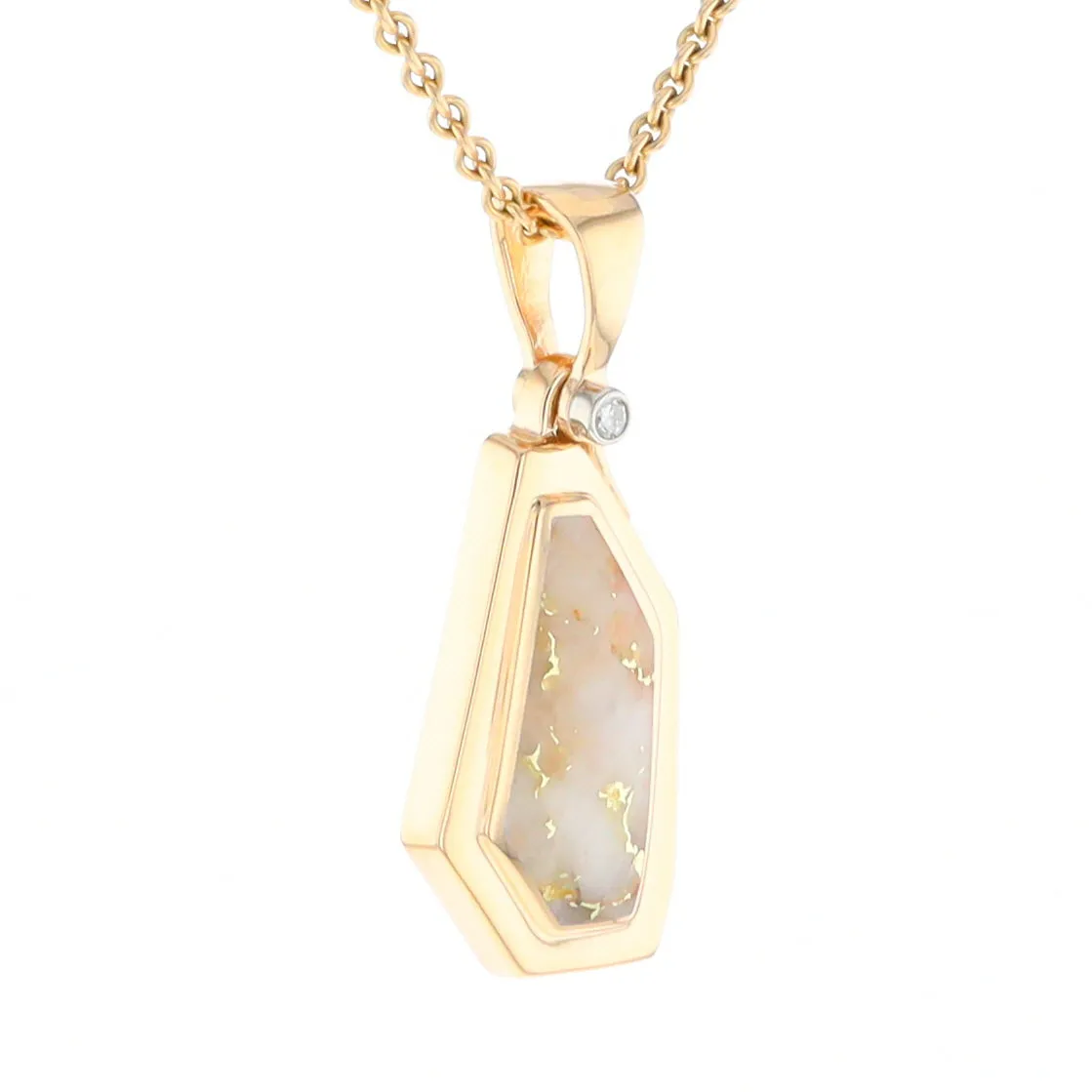 Gold Quartz Necklace .02ct Diamond Geometric Inlaid Design Pendant