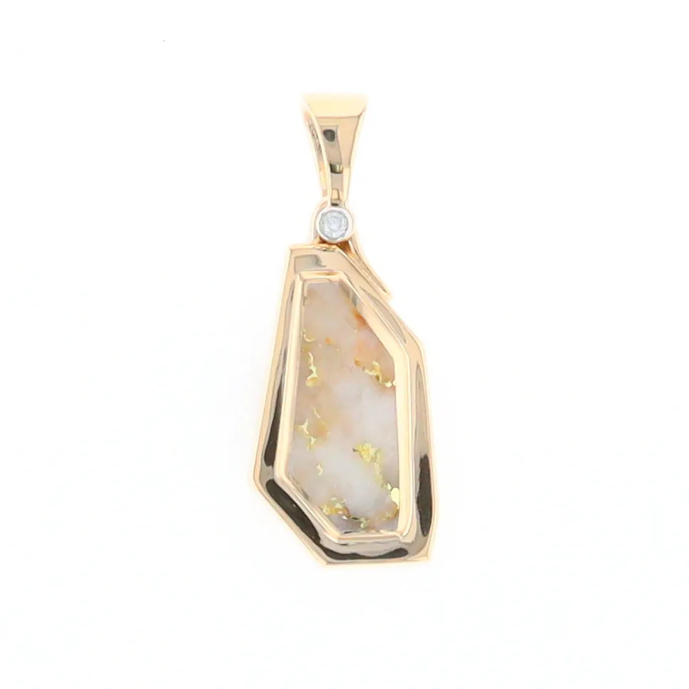 Gold Quartz Necklace .02ct Diamond Geometric Inlaid Design Pendant