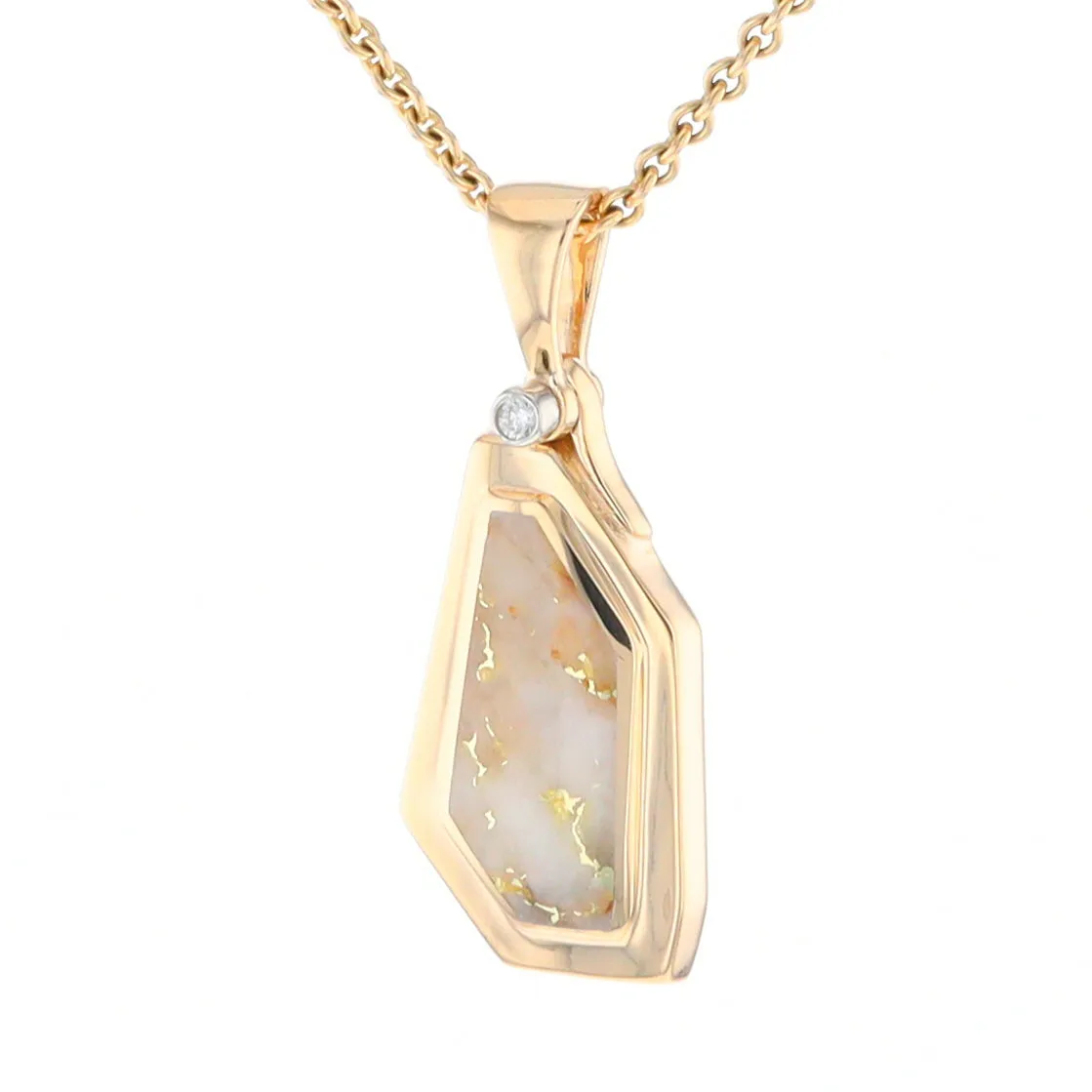 Gold Quartz Necklace .02ct Diamond Geometric Inlaid Design Pendant