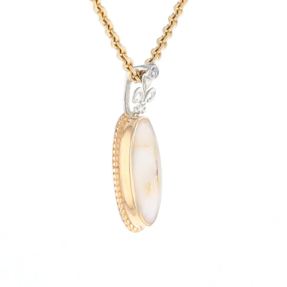 Gold Quartz Necklace, Oval Inlaid Fleur De Lis Design with .02ctw Diamond Pendant