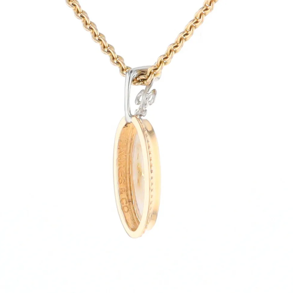 Gold Quartz Necklace, Oval Inlaid Fleur De Lis Design with .02ctw Diamond Pendant