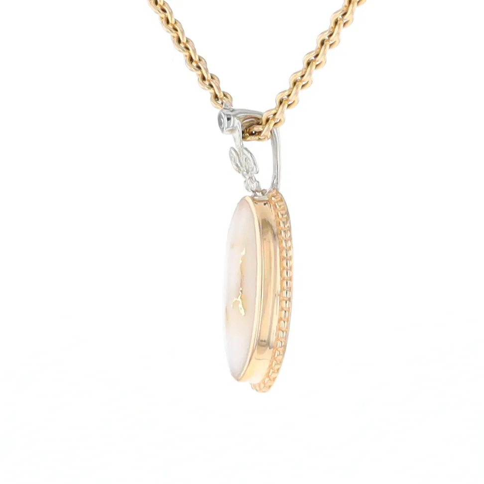 Gold Quartz Necklace, Oval Inlaid Fleur De Lis Design with .02ctw Diamond Pendant