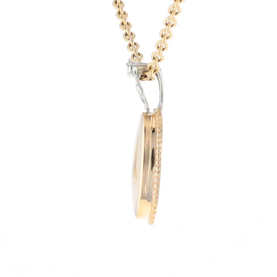 Gold Quartz Necklace, Oval Inlaid Fleur De Lis Design with .02ctw Diamond Pendant