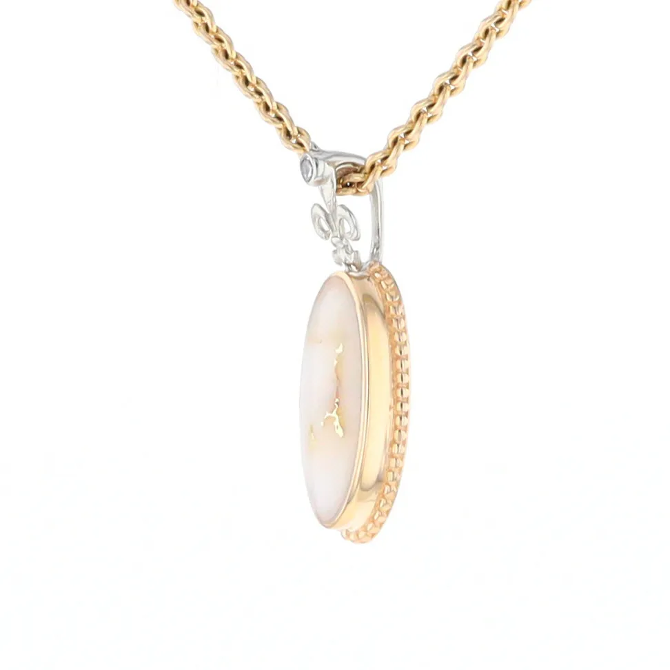 Gold Quartz Necklace, Oval Inlaid Fleur De Lis Design with .02ctw Diamond Pendant