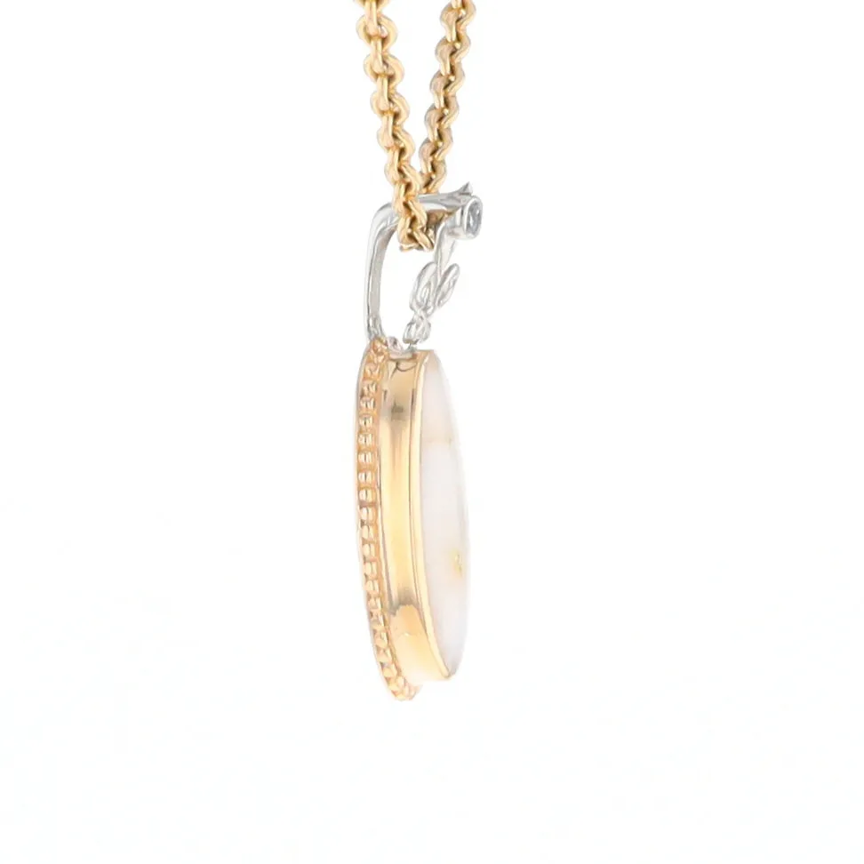 Gold Quartz Necklace, Oval Inlaid Fleur De Lis Design with .02ctw Diamond Pendant