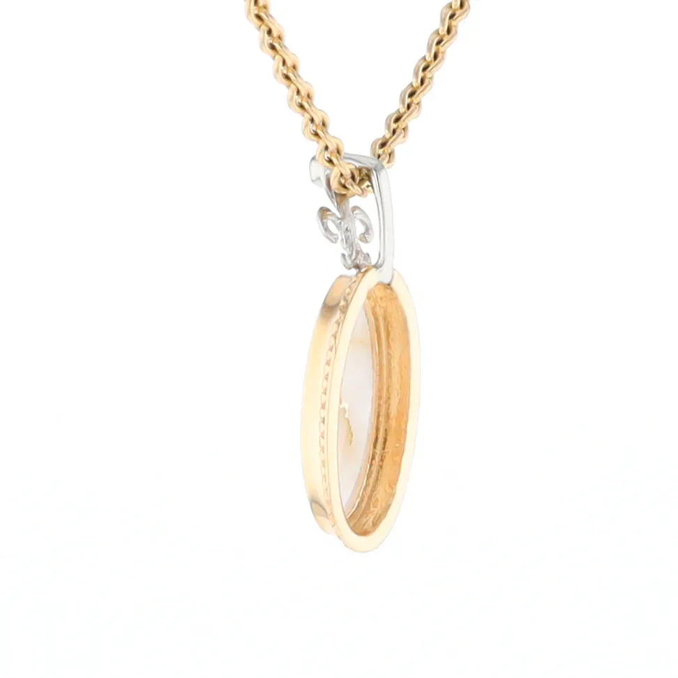 Gold Quartz Necklace, Oval Inlaid Fleur De Lis Design with .02ctw Diamond Pendant