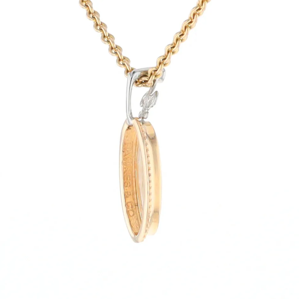 Gold Quartz Necklace, Oval Inlaid Fleur De Lis Design with .02ctw Diamond Pendant