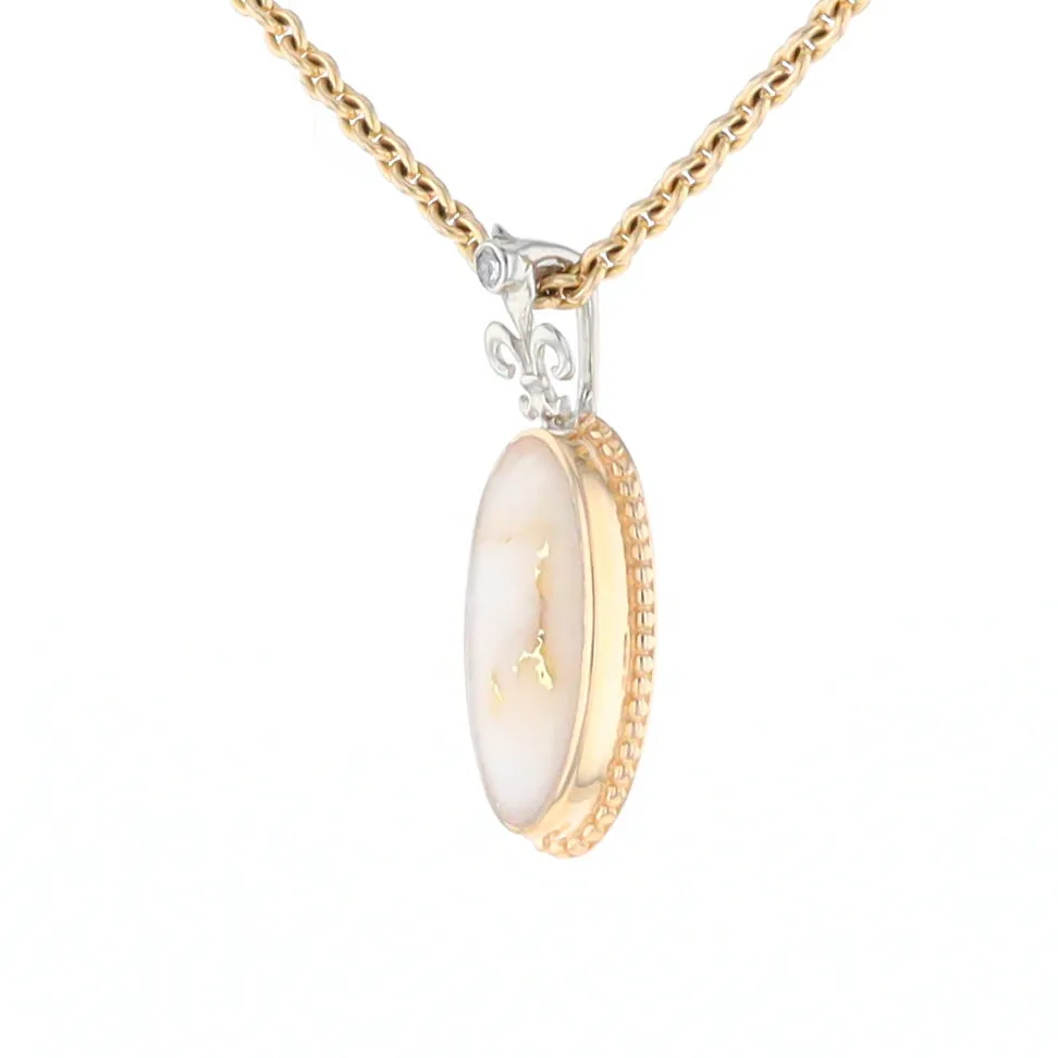 Gold Quartz Necklace, Oval Inlaid Fleur De Lis Design with .02ctw Diamond Pendant