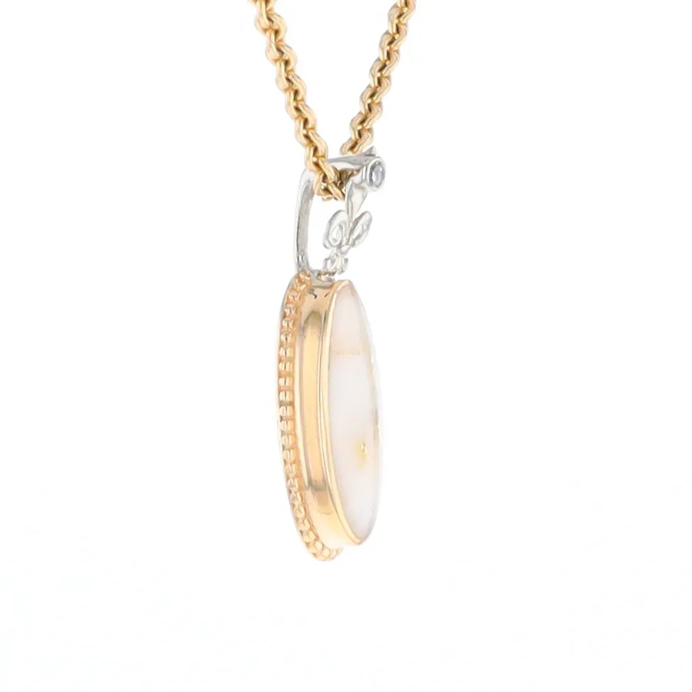 Gold Quartz Necklace, Oval Inlaid Fleur De Lis Design with .02ctw Diamond Pendant