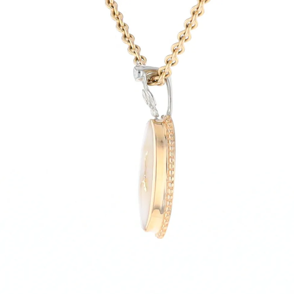 Gold Quartz Necklace, Oval Inlaid Fleur De Lis Design with .02ctw Diamond Pendant