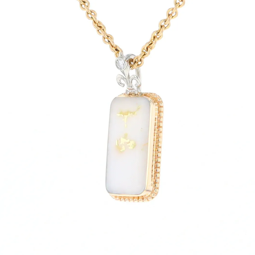 Gold Quartz Necklace, Rectangle Inlaid Fleur De Lis Design with .02ctw Diamond Pendant