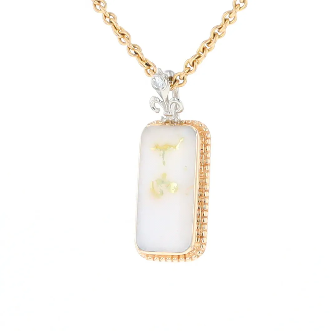 Gold Quartz Necklace, Rectangle Inlaid Fleur De Lis Design with .02ctw Diamond Pendant