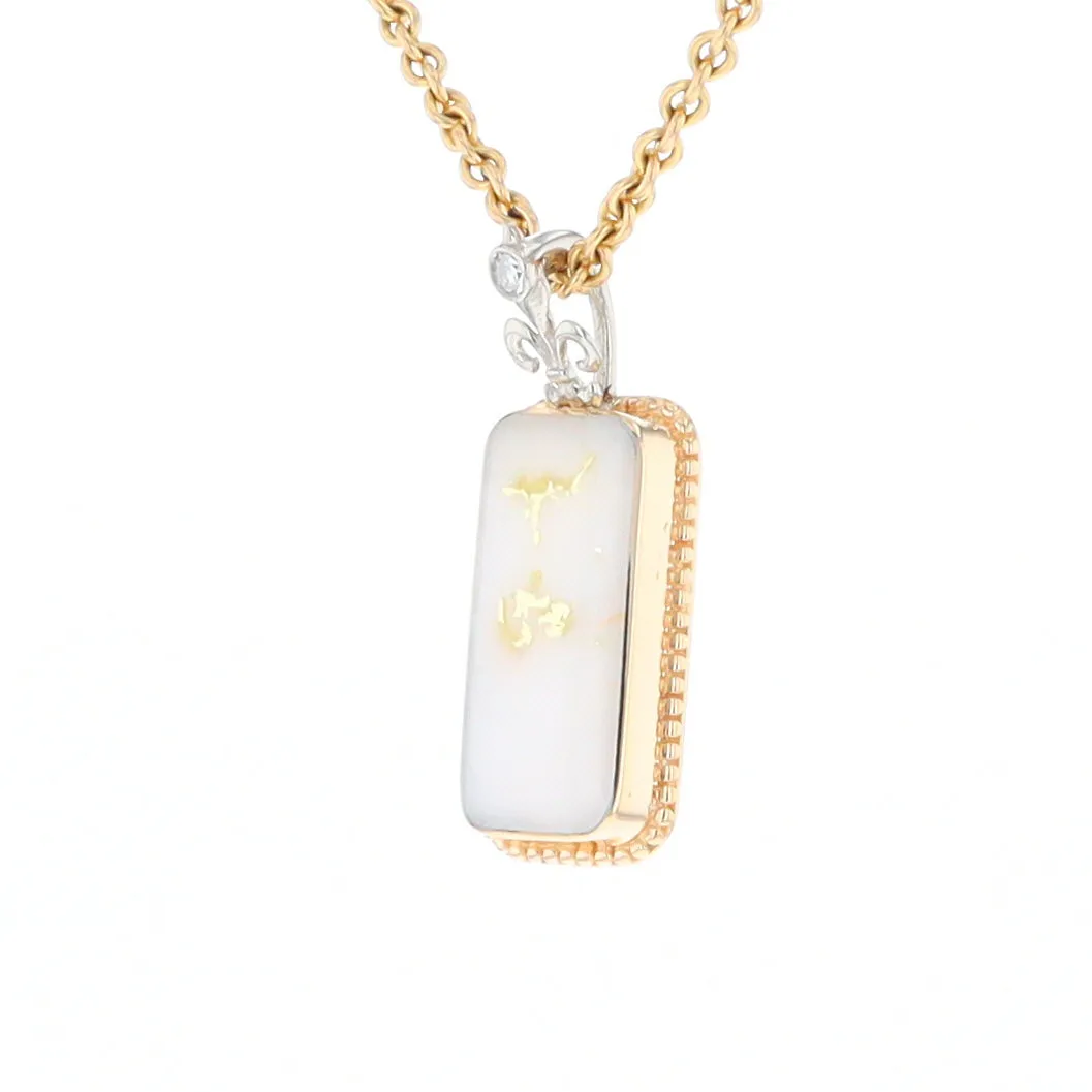 Gold Quartz Necklace, Rectangle Inlaid Fleur De Lis Design with .02ctw Diamond Pendant