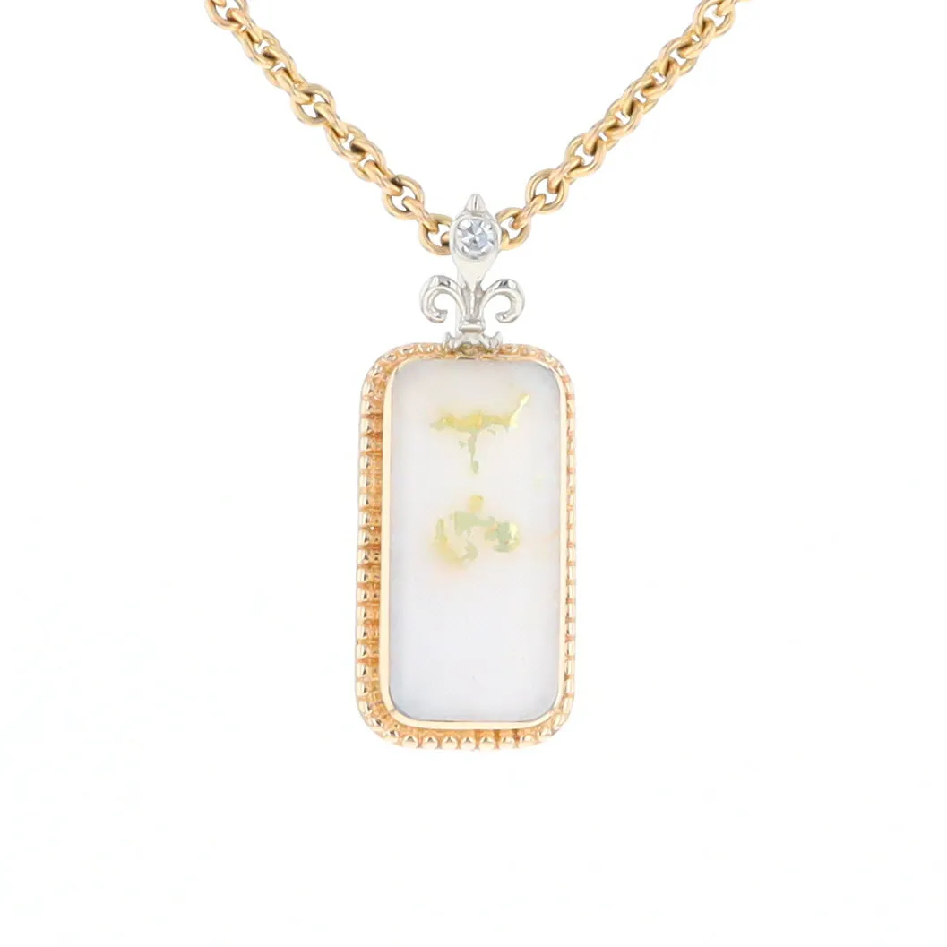 Gold Quartz Necklace, Rectangle Inlaid Fleur De Lis Design with .02ctw Diamond Pendant