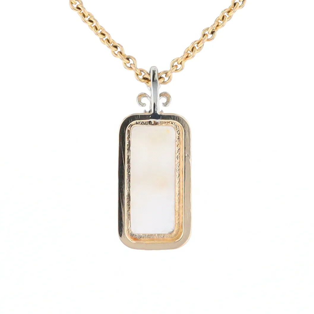 Gold Quartz Necklace, Rectangle Inlaid Fleur De Lis Design with .02ctw Diamond Pendant