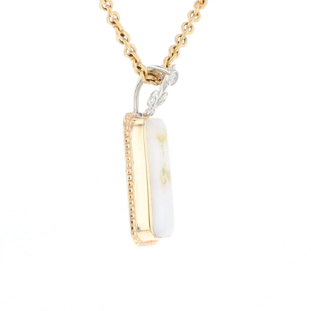 Gold Quartz Necklace, Rectangle Inlaid Fleur De Lis Design with .02ctw Diamond Pendant