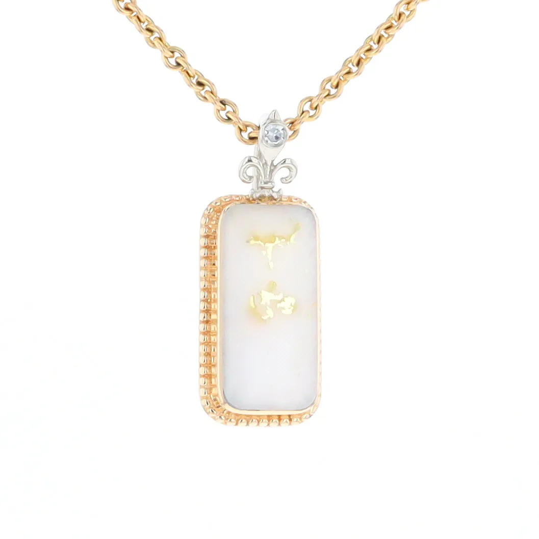 Gold Quartz Necklace, Rectangle Inlaid Fleur De Lis Design with .02ctw Diamond Pendant