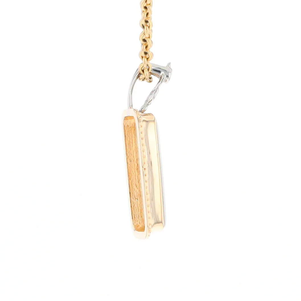 Gold Quartz Necklace, Rectangle Inlaid Fleur De Lis Design with .02ctw Diamond Pendant