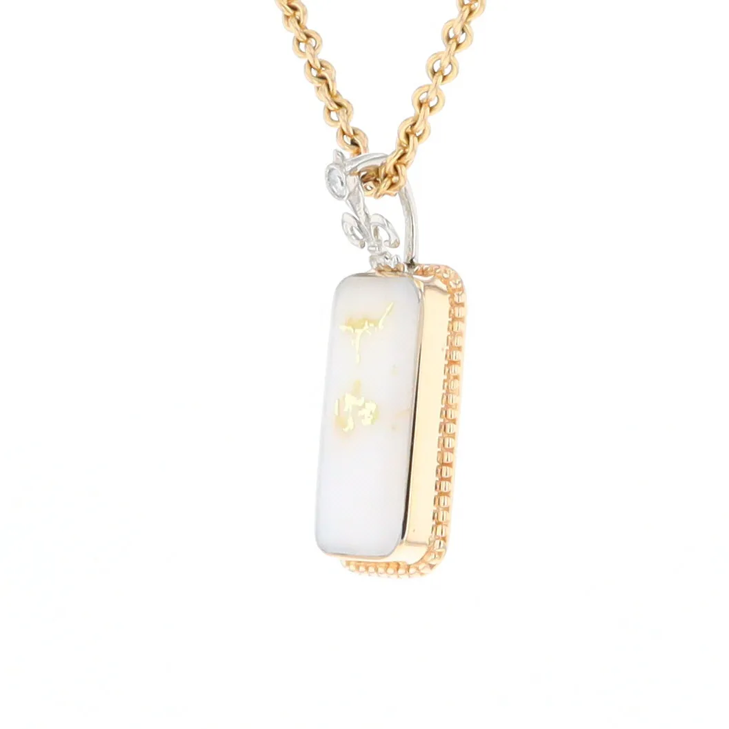 Gold Quartz Necklace, Rectangle Inlaid Fleur De Lis Design with .02ctw Diamond Pendant