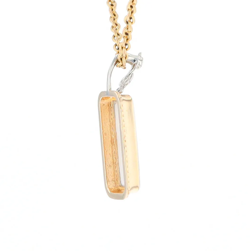 Gold Quartz Necklace, Rectangle Inlaid Fleur De Lis Design with .02ctw Diamond Pendant