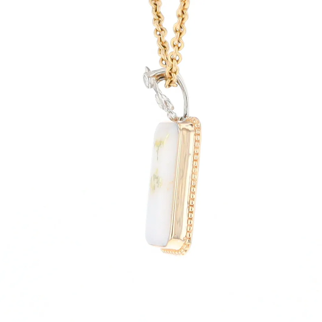 Gold Quartz Necklace, Rectangle Inlaid Fleur De Lis Design with .02ctw Diamond Pendant