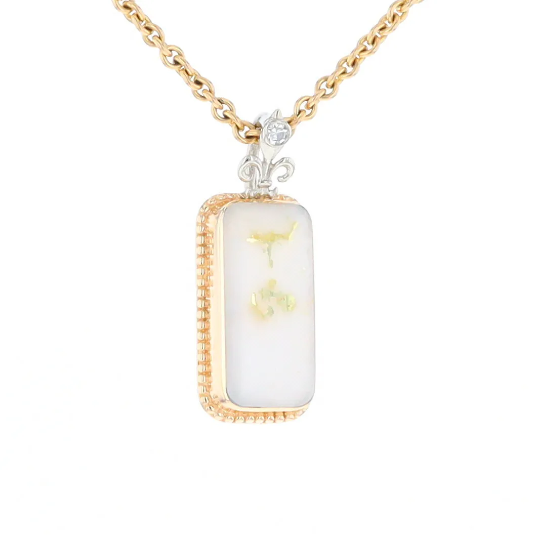 Gold Quartz Necklace, Rectangle Inlaid Fleur De Lis Design with .02ctw Diamond Pendant