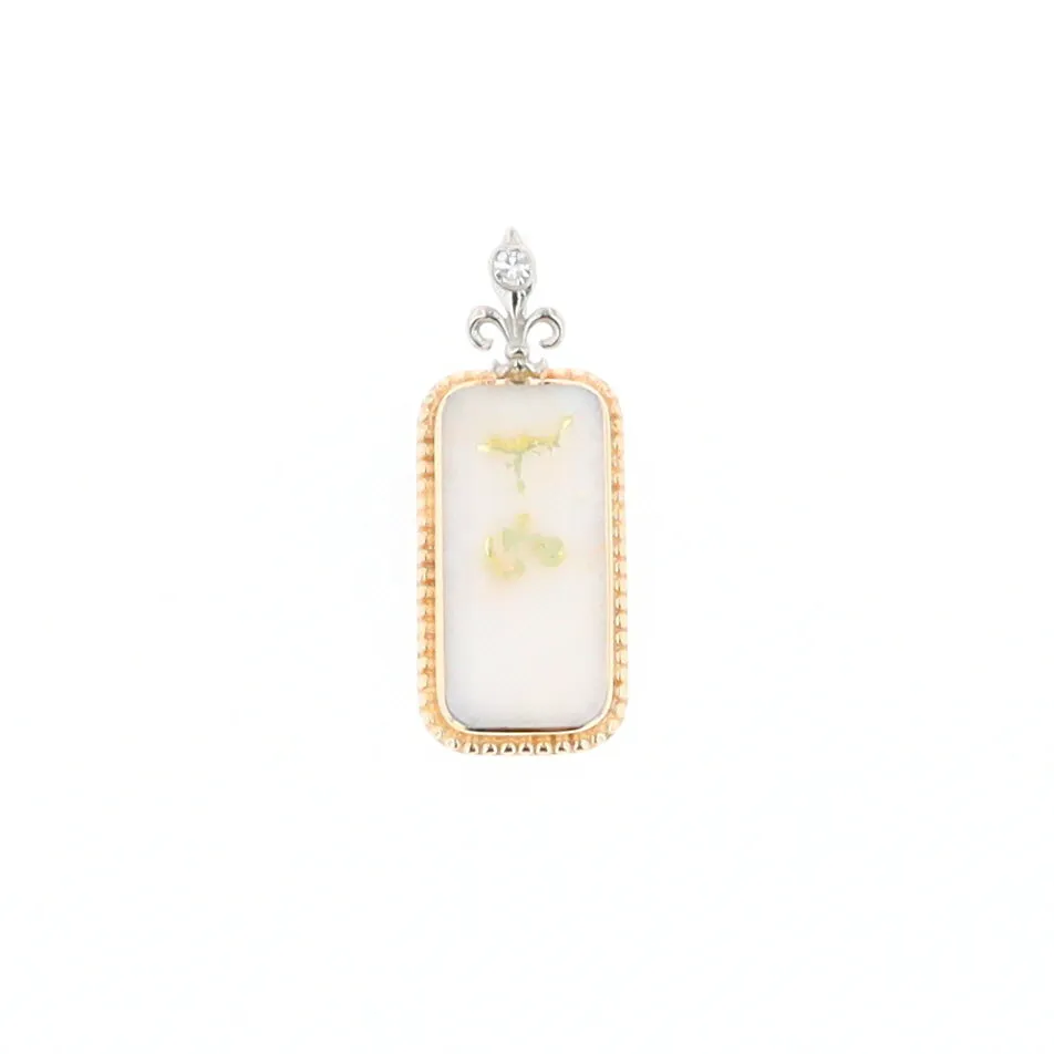 Gold Quartz Necklace, Rectangle Inlaid Fleur De Lis Design with .02ctw Diamond Pendant