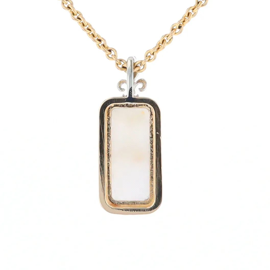 Gold Quartz Necklace, Rectangle Inlaid Fleur De Lis Design with .02ctw Diamond Pendant