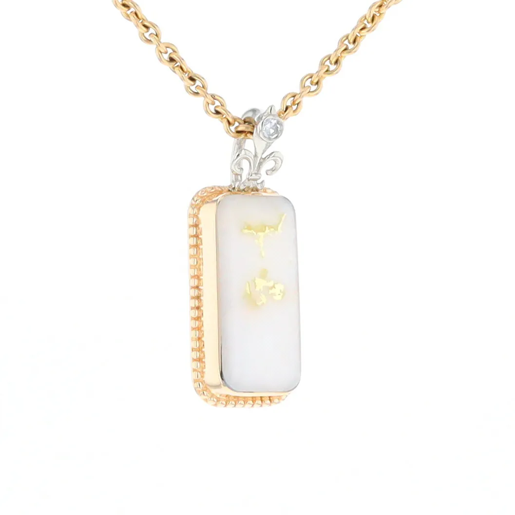 Gold Quartz Necklace, Rectangle Inlaid Fleur De Lis Design with .02ctw Diamond Pendant