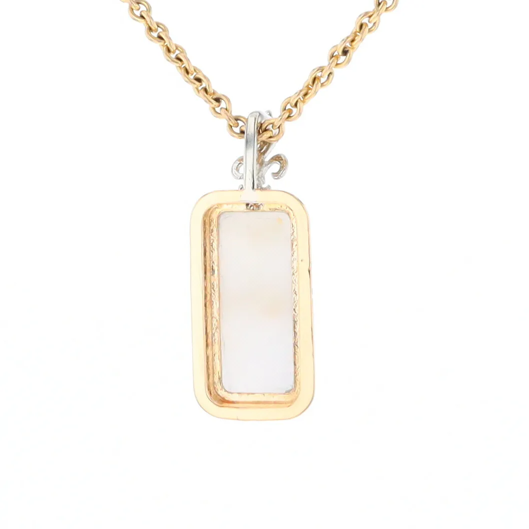 Gold Quartz Necklace, Rectangle Inlaid Fleur De Lis Design with .02ctw Diamond Pendant