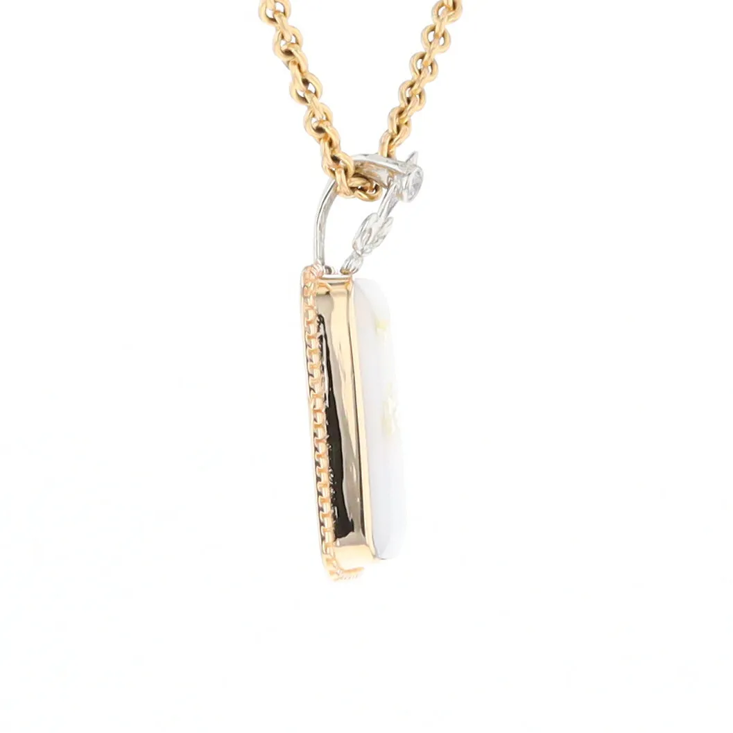 Gold Quartz Necklace, Rectangle Inlaid Fleur De Lis Design with .02ctw Diamond Pendant