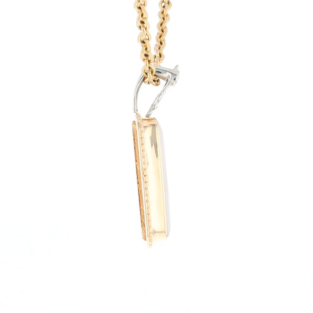 Gold Quartz Necklace, Rectangle Inlaid Fleur De Lis Design with .02ctw Diamond Pendant