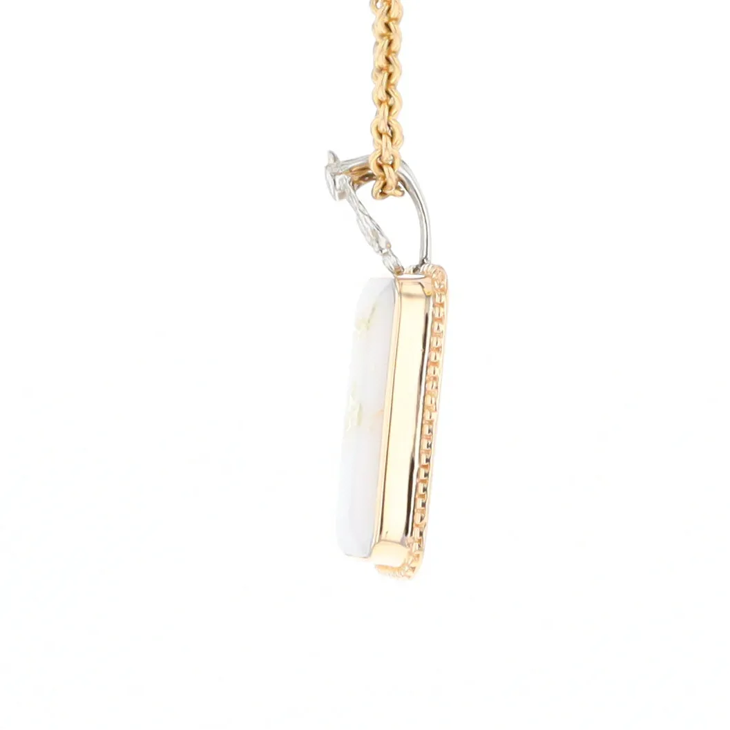 Gold Quartz Necklace, Rectangle Inlaid Fleur De Lis Design with .02ctw Diamond Pendant