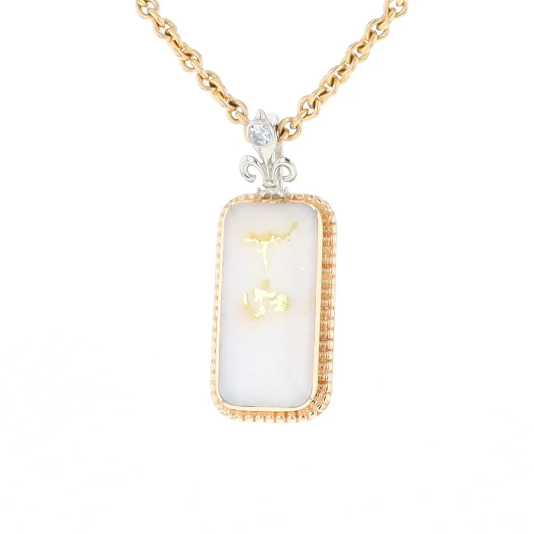 Gold Quartz Necklace, Rectangle Inlaid Fleur De Lis Design with .02ctw Diamond Pendant