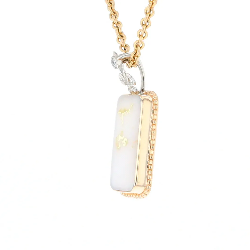 Gold Quartz Necklace, Rectangle Inlaid Fleur De Lis Design with .02ctw Diamond Pendant