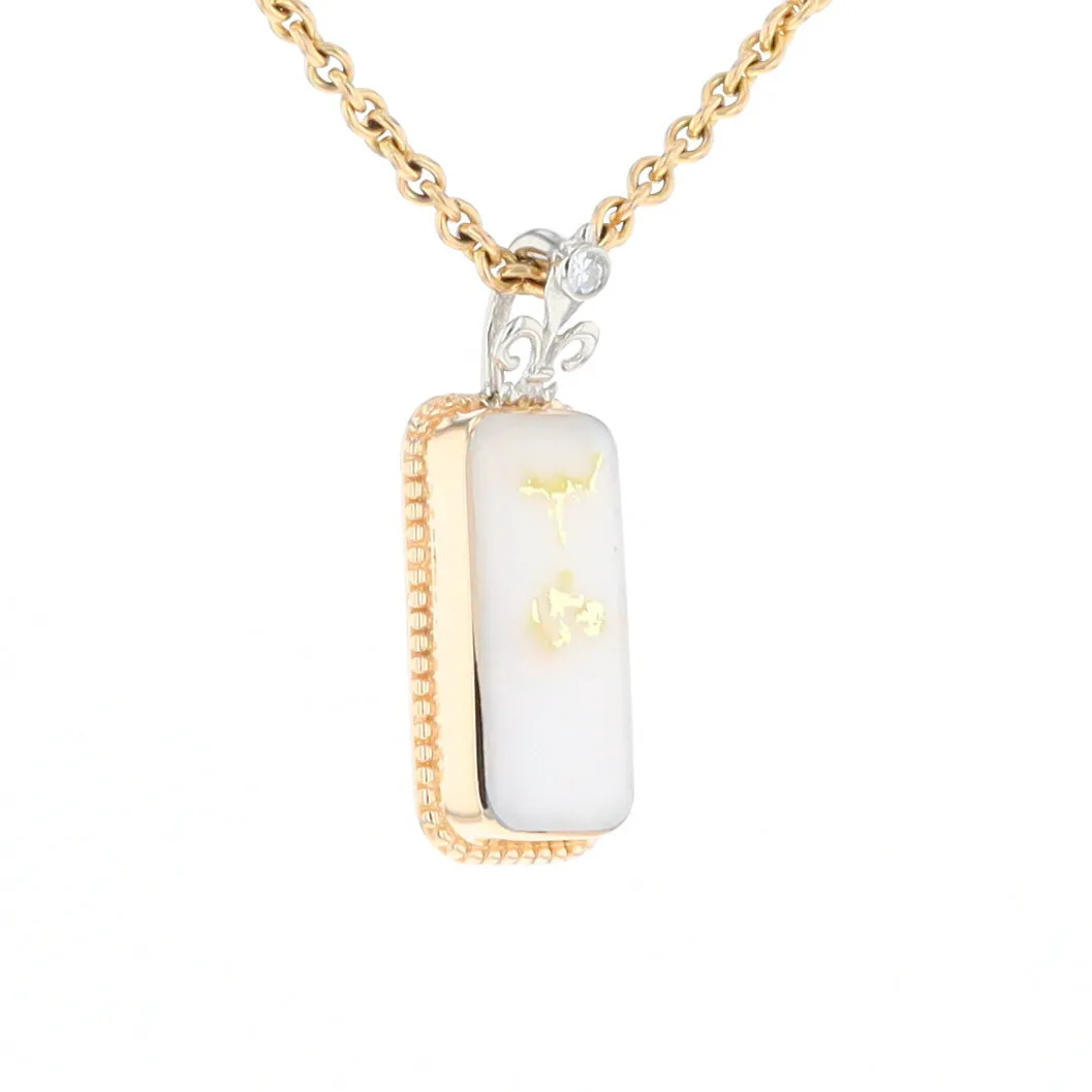 Gold Quartz Necklace, Rectangle Inlaid Fleur De Lis Design with .02ctw Diamond Pendant