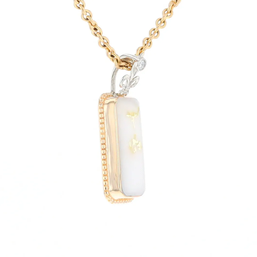 Gold Quartz Necklace, Rectangle Inlaid Fleur De Lis Design with .02ctw Diamond Pendant